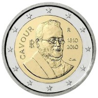200 лет со дня рождения Камилло Кавура. Монета 2 евро, 2010 год, Италия.