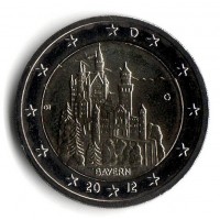Замок Нойшванштайн в Баварии. Монета 2 евро, 2012 год, Германия.