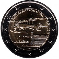 100 лет первому авиаполёту с Мальты. Монета 2 евро. 2015 год, Мальта.