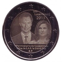 15-летие вступления на престол Великого Герцога Анри. Монета 2 евро. 2015 год, Люксембург.