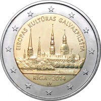Рига - культурная столица Европы. Монета 2 евро, 2014 год, Латвия.