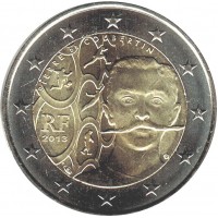 150 лет со дня рождения Пьера де Кубертена. Монета 2 евро, 2013 год, Франция.