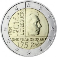 175 лет независимости Люксембурга. Монета 2 евро. 2014 год, Люксембург.