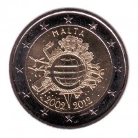 10 лет введения наличных евро. Монета 2 евро, 2012 год, Мальта.