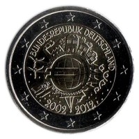 10 лет введения наличных евро. Монета 2 евро, 2012 год, Германия.