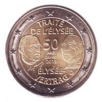  50-летие франко-германского договора о дружбе и сотрудничестве (Елисейский договор). Монета 2 евро, 2013 год, Германия.